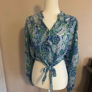 RACHEL Rachel Roy Blue and Green Floral Tie-Front Blouse